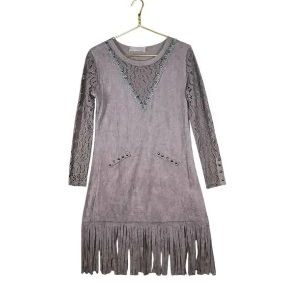 Pretty Angel Gray Linen Cotton Blend Fringe Western Boho Tunic Dress | M/L - Picture 10 of 11